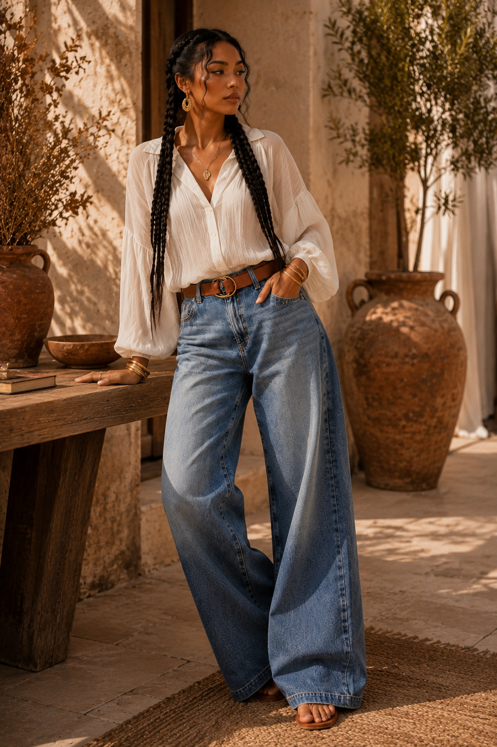 Jeans droits brodés avec poches